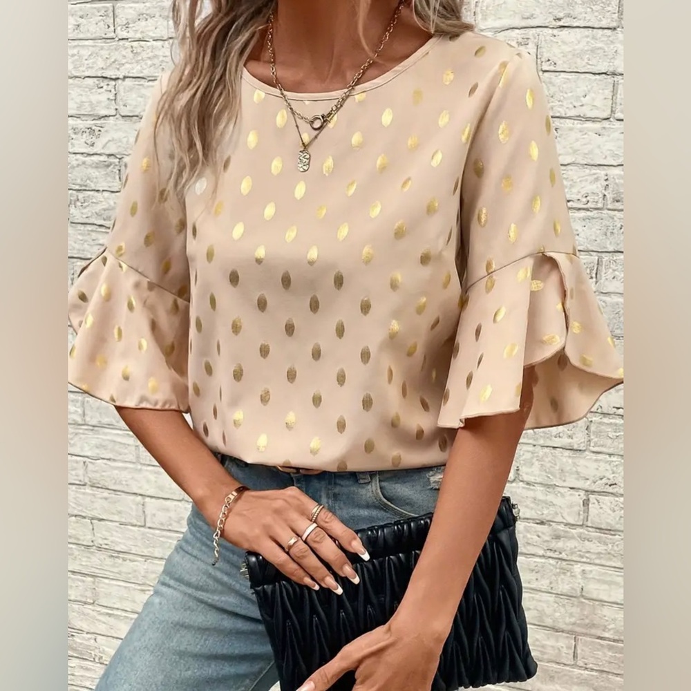 Chic Polka Dot Blouse with Ruffle Cuffs - Flattering Crew neckline - Picture 2 of 3